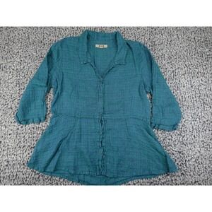FLAX Button Down‎ Peplum Blouse Womens Medium Teal Purple Textured Linen Blend